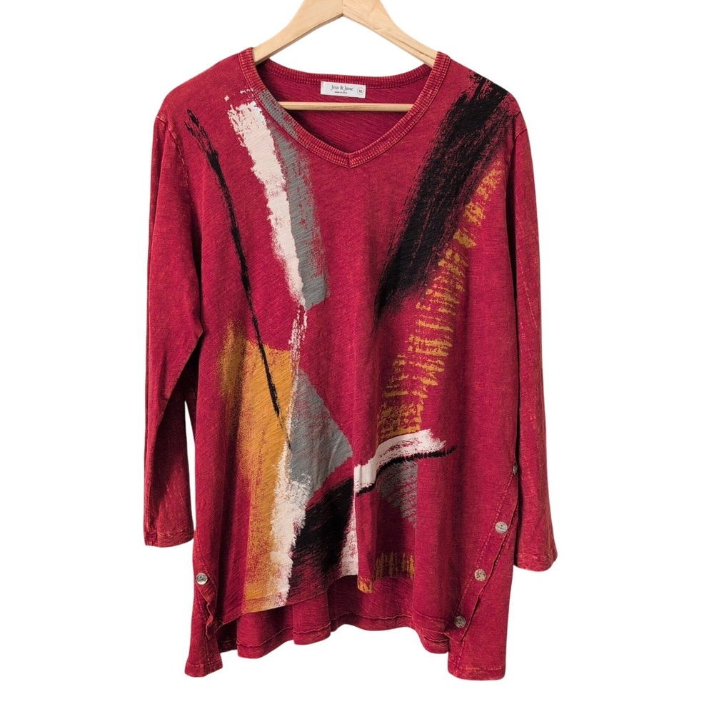 Jess & Jane Red Abstract Art to Wear V Neck Long Sleeve Tunic Top Women XL Artsy